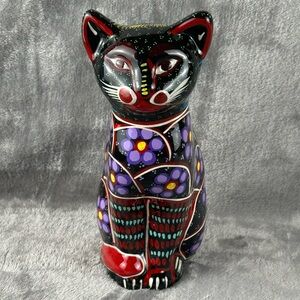 Vintage Talavera Cat Figurine 8.5” Mexican Folk Art Pottery Black‎ Animal Floral